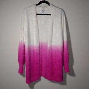 BAR III Fuzzy Ombre Coloblock White Pink Hot Pink Open Front Cardigan Sz M